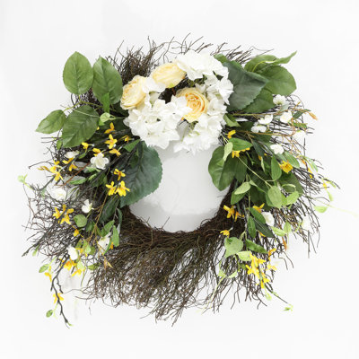 Couronne en PVC hydrangée et fleur de printemps 26 po