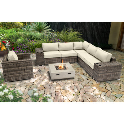 LSI Fully Assembled 5 Person Seating Group With Firepit And Sunbrella Cushions