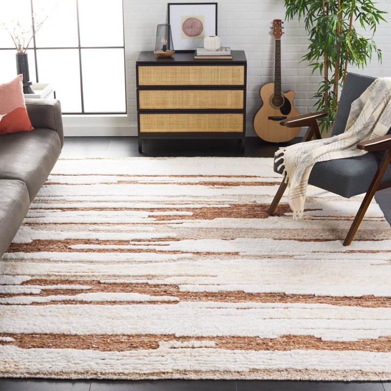Rectangle Karla Abstract Hand-Knotted Wool/Cotton Area Rug in Ivory/Beige, Rectangle 9' x 12'