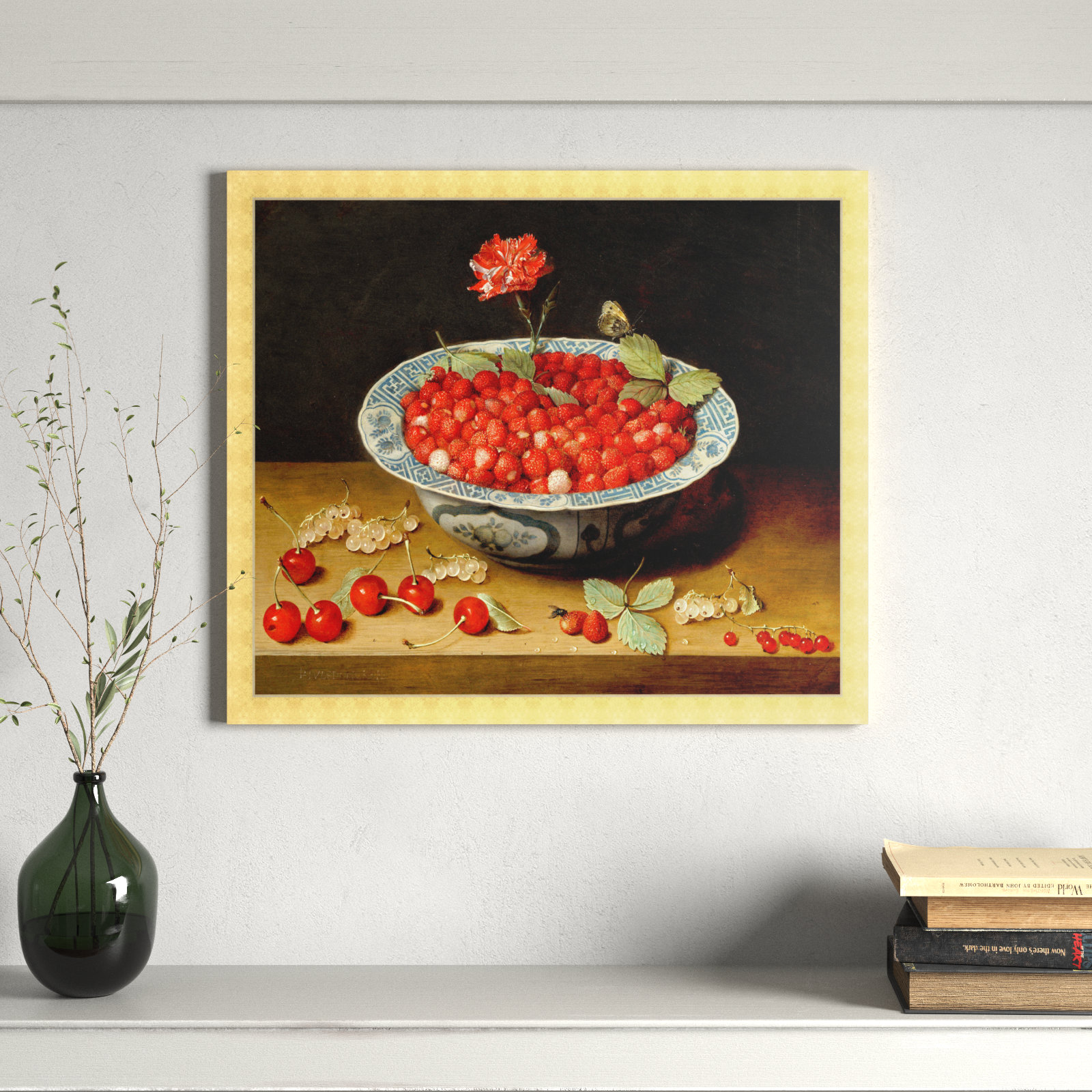 Van Hulsdonck - Wild Strawberries And A Carnation by Van Hulsdonck, Gold, 19" H x 22" W x 0.5" D