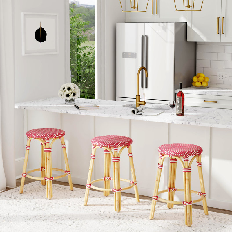 Alastair 24" Rattan Counter Stool - Red/White Dot/ Natural Rattan Frame, Counter Stool (24" Seat Height)