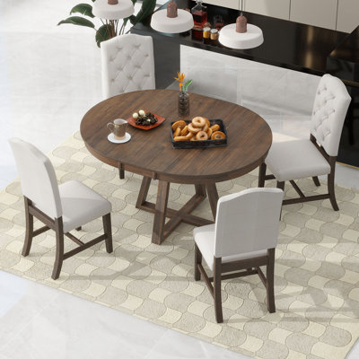 5-Piece Retro Functional Dining Set, Round Table With A 16""W Leaf And 4 Upholstered Chairs For Dining Room And Living Room (Walnut) -  Hokku Designs, FFF0480977BD489BB8CC29AC928657C4