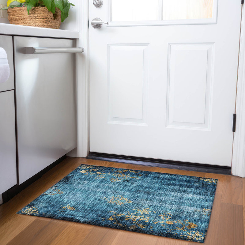 Machine Washable Indoor/Outdoor Xhevrie Blue Rug, Rectangle 1'8" x 2'6"