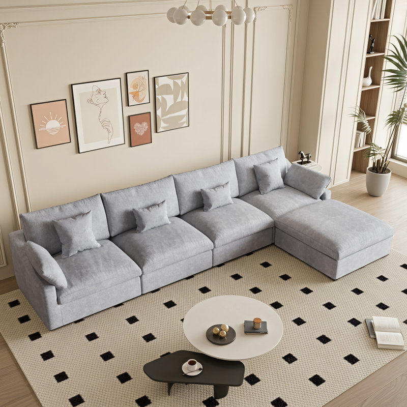 Slipcovered Upholstered Modular Sofa With Ottoman, 29.53" H x 155.9" W x 77.95" D, Gray