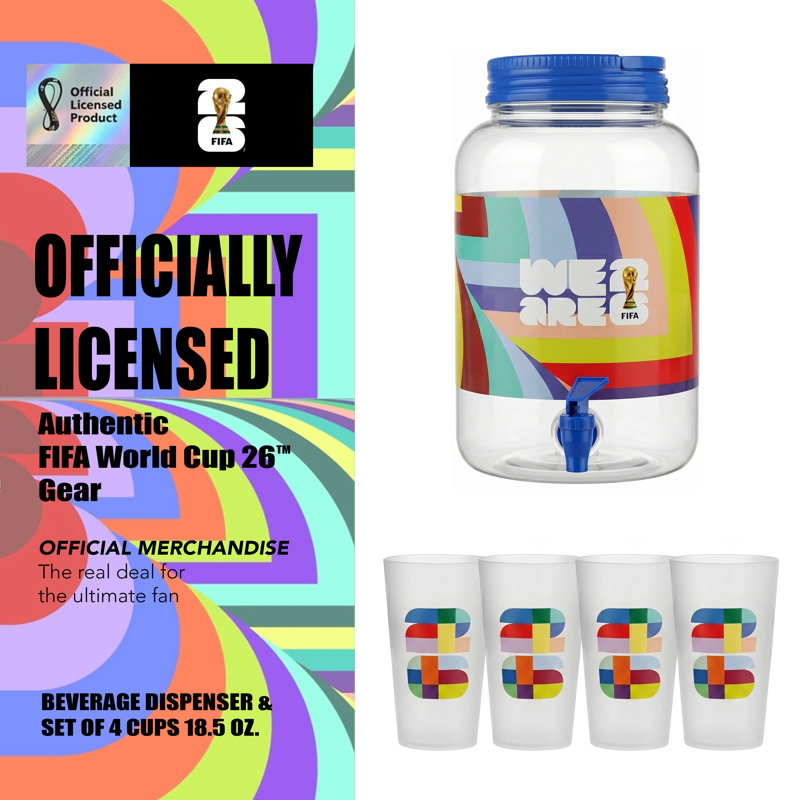 Distributeur de boissons en plastique avec poignée bleue et 4 tasses en plastique 18,5 oz.