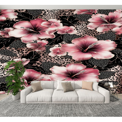 Papier peint auto-adhésif à motif de fleurs d'hibiscus roses à motifs audacieux noirs et blancs H 100 po x l 144 po, papier peint amovible en PVC pour mur de chambre à coucher, bureau à domicile