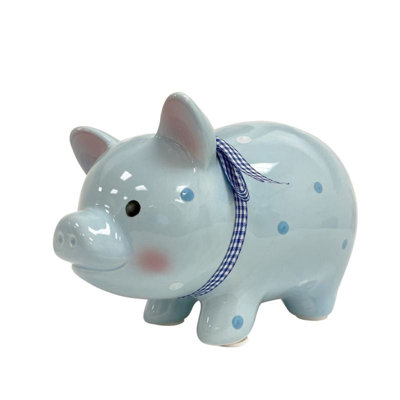 Blue Polka Dot Pig With Blue Plaid Ribbon Piggy Bank