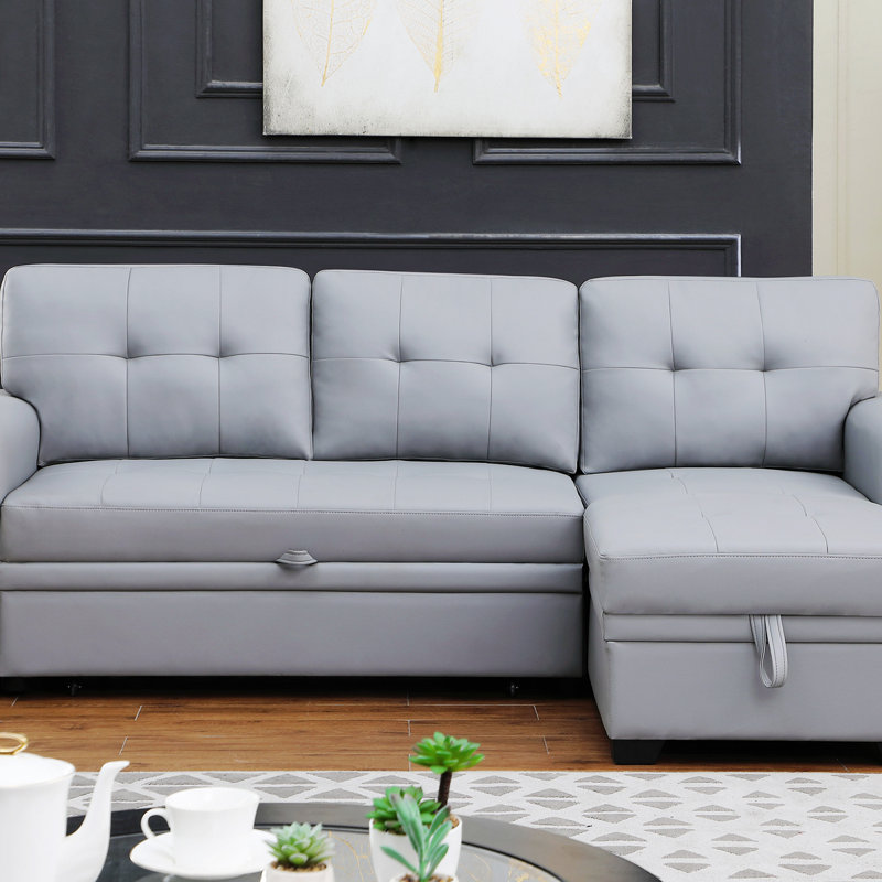 Beuna 83.5" Modern Reversible Sleeper Sectional Sofa with Storage Chaise, Gray Faux Leather