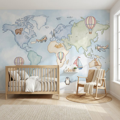 Papier peint carte du monde fantaisiste, montgolfières