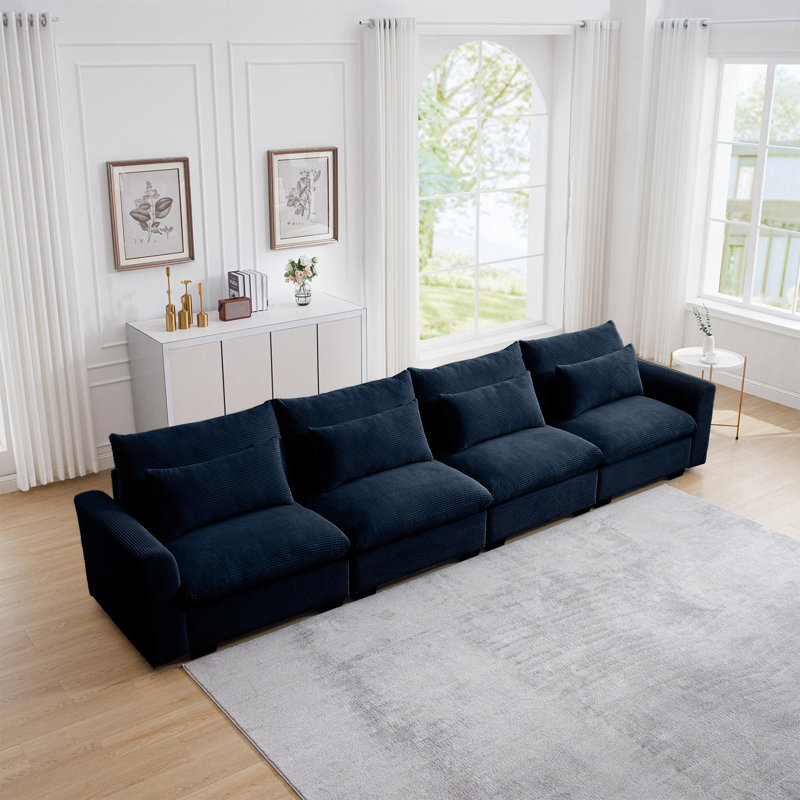 Deep Seat Comfy Living Room Sofas with 3 Waist Pillows, Blue, 34.73" H x 157.42" W x 33.72" D