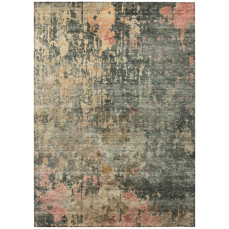 5' x 7' Red and Green Abstract Washable Synthetic Rug