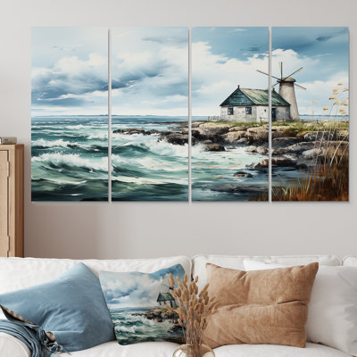 Aquarelle rétro, moulin à vent côtier - Éoliennes, 4 pièces, décoration murale