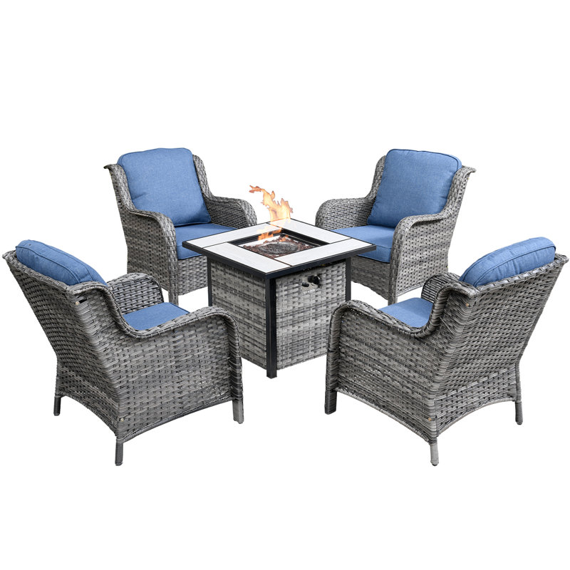 Polyethylene (PE) Wicker 4 - Person Seating Group with Fire Pit, Blue