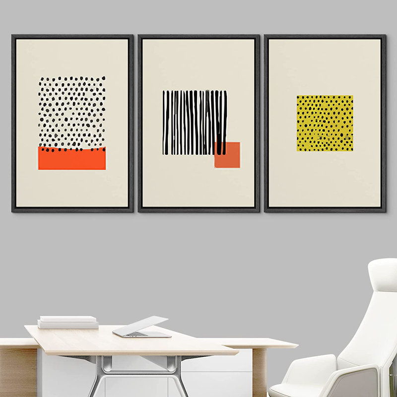 Geometric Abstract Black and Yellow Framed Canvas Art Set