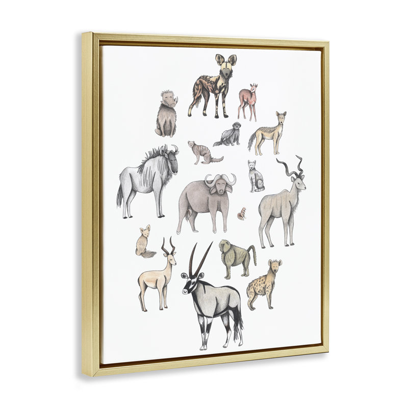 Cadre flottant simple avec animaux d'Afrique, design par Cecilia Battaini, H 21 po x l 17 po, Cadre flottant métallique doré