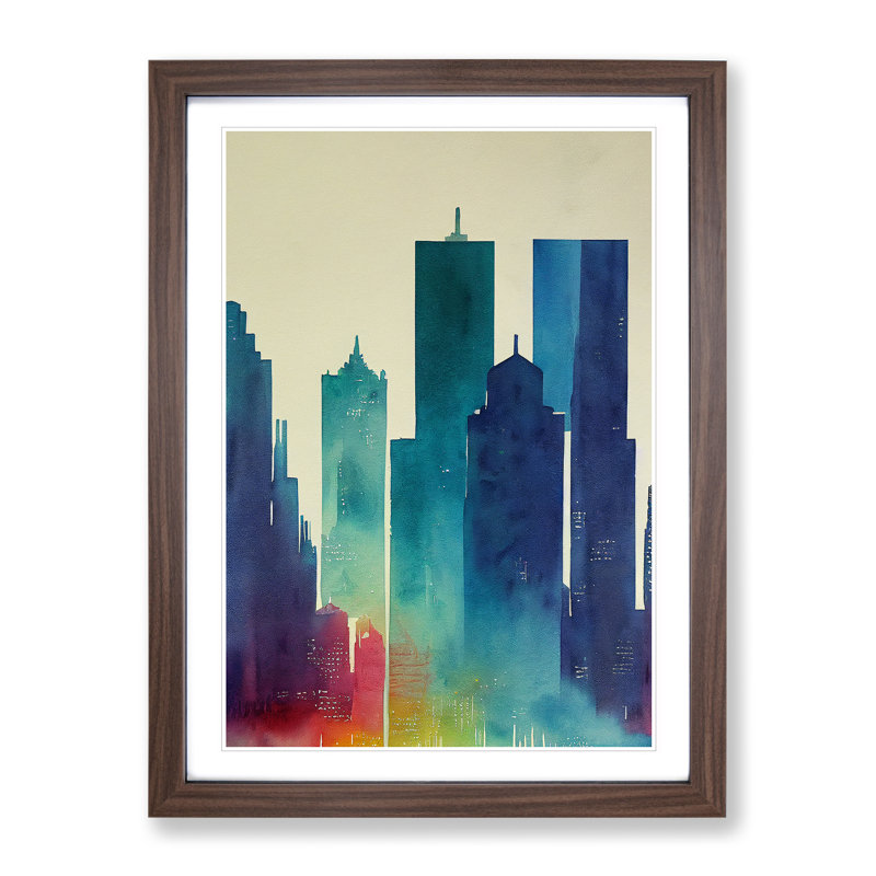 City Skyline Watercolour No.7 Abstract - Single Picture Frame Painting, 46cm H x 34cm W x 2cm D, Walnut