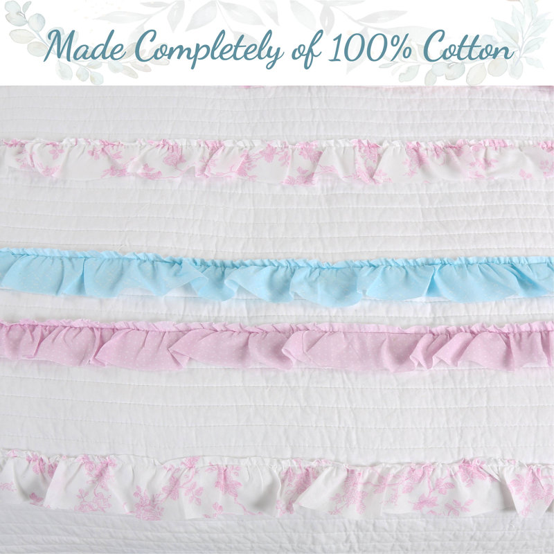 Ensemble de courtepointe réversible 100% coton blanc / bleu / rose , Courtepointe pour lit simple + 1 taie décorative