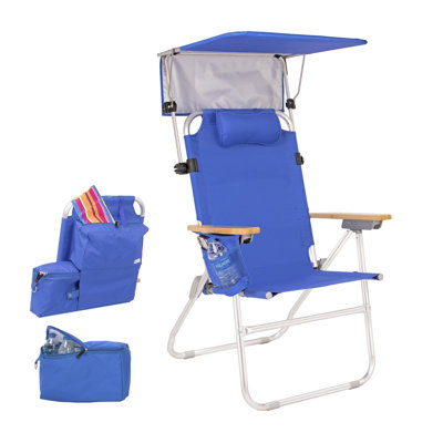 Heavy Duty Tall Beach Chair with Canopy Shade for Adults, 17" High Off Ground, 4-Position Reclining, Insulated Cooler & Storage Pouch, Bamboo-Finish Arms, 300 lb Capacity