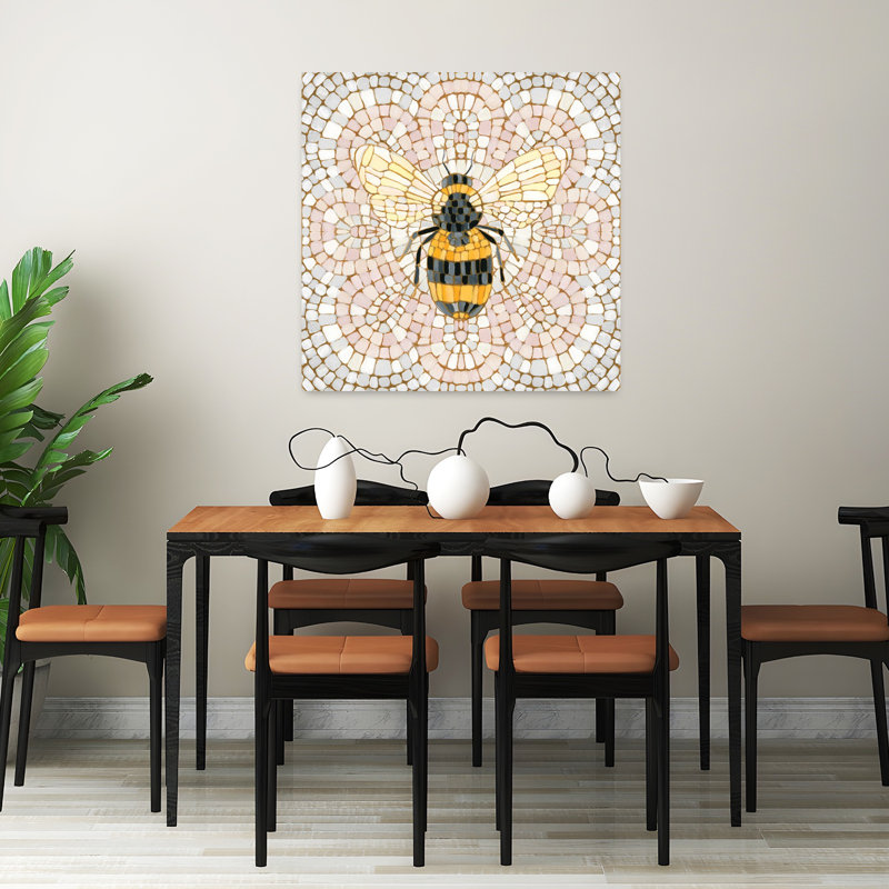 Art contemporain mosaïque botanique II avec abeilles, H 32 po x l 32 po