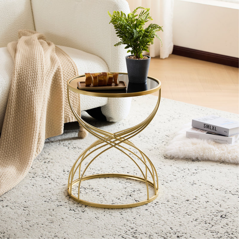 Table d'appoint à miroir noir avec cadre en métal doré pour le salon