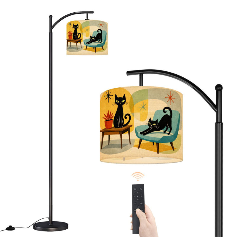 Arc Floor Lamp Mid Century Modern Black Cats Geometric Shapes Vibrant Colors Floor Lamps with Remote LED Lights Adjustable Lamp Shades Tall Standing Lamps for Reading Office Living Room
