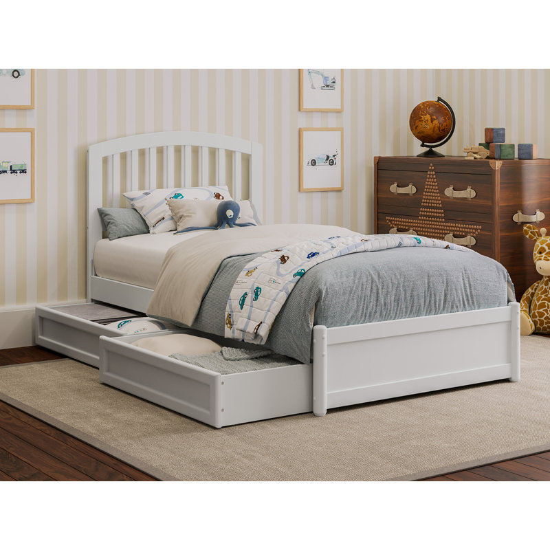 Lit plateforme en bois massif avec pieds de lit et tiroirs de rangement Lamari, Blanc, Simple