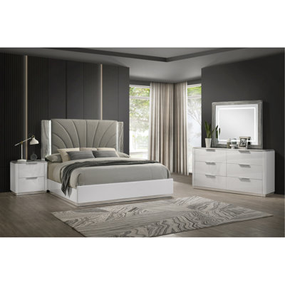 Lit plateforme très grand Jazz avec tête de lit tapissier à DEL, finition laquée blanche et détails gris grain de marbre blanc