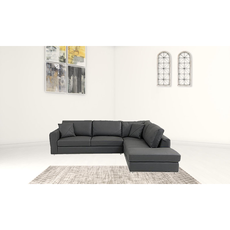 Italian Leather Reclining L Shaped Two Piece Corner Sectional, Right Hand Facing, Dark Gray Genuine Leather