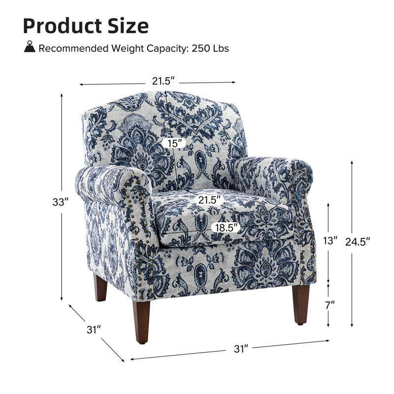 Mooresville Armchair With Nailhead Trims, Navy Polyester