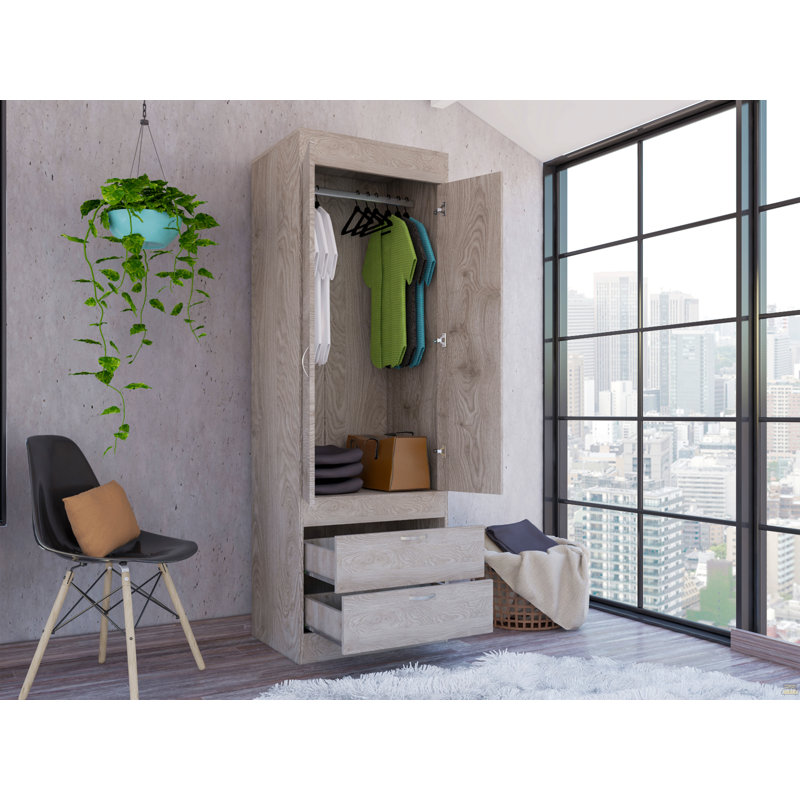 Double Door Cabinet, Two Drawers, Metal Handles, Rod, Light Gray