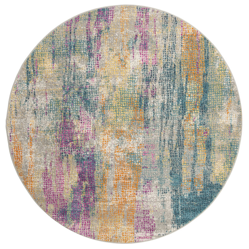 Tapis abstrait bleu / fuchsia Felty, Rond 6 pi 7 po