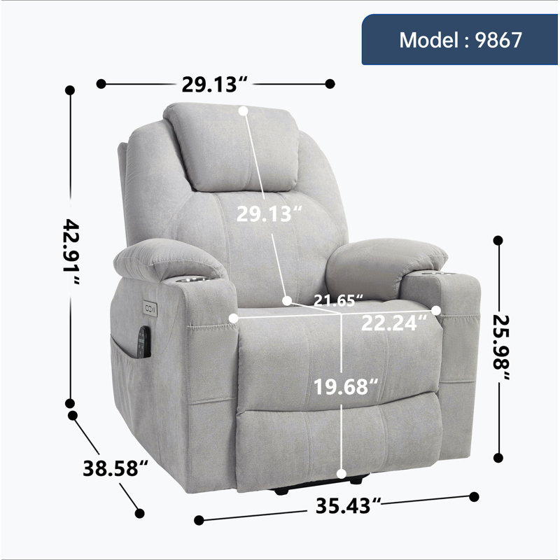 Up To 350 LBS Polyester Power Lift Recliner Chair, Heavy Duty Motion Mechanism With 8-Point Vibration Massage And Lumbar Heating, USB And Type-C Ports, Stainless Steel Cup Holders