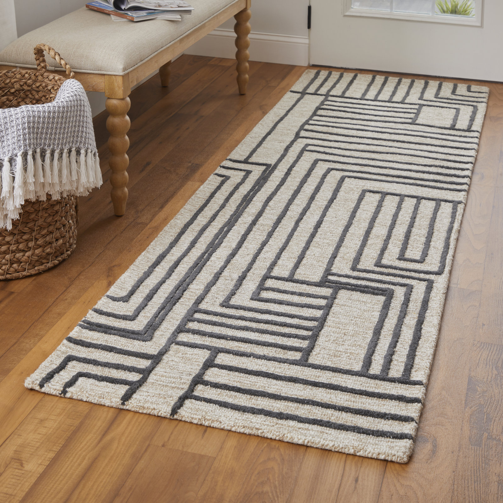 Gansett Tan Brown Hand-Woven Geometric Rug, Runner 2'6" x 8'
