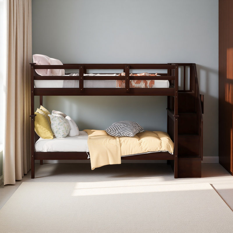 Lit superposé simple au-dessus de simple avec rangement et barrière de sécurité pour chambre à coucher, dortoir, Espresso