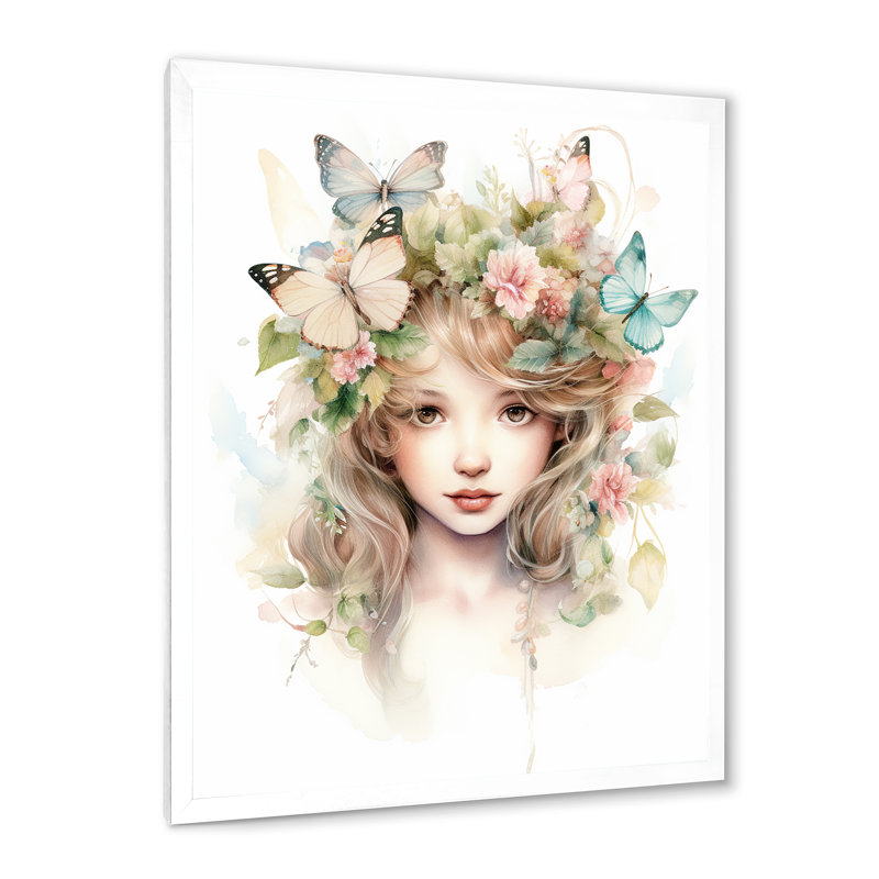 Jeune fille avec des papillons pastel rétro, Cadre simple blanc, H 40 po x l 30 po x P 1,5 po