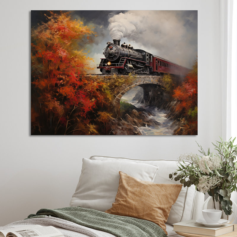 «Steamtrain Crossing Autumn Bridge», reproduction d'art sur toile, 16" H x 32" W, Toile tendue