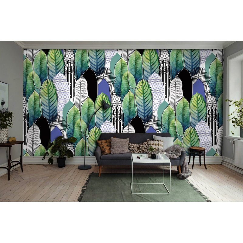 Papier peint amovible à motif de feuilles tropicales à motif géométrique de feuilles vertes, L 114 po x l 204 po