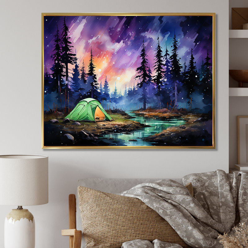 Northern Lights Camping Escape 3 - Art mural de voyage en camping, Cadre flottant doré, H 24 po x l 32 po x P 1 po