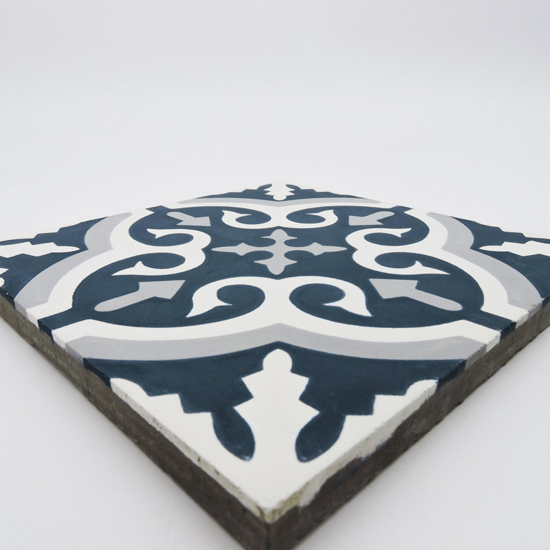 Argana 8" x 8" Cement Patterned Wall & Floor Tile, Navy Blue/White