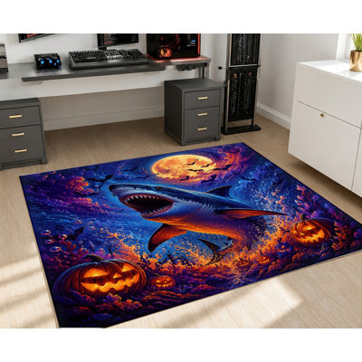 Tapis d'Halloween requin citrouille lune, conception artistique éclatante, tapis antidérapant, décoration intérieure pour salon, chambre à coucher, entrée, cuisine, balcon