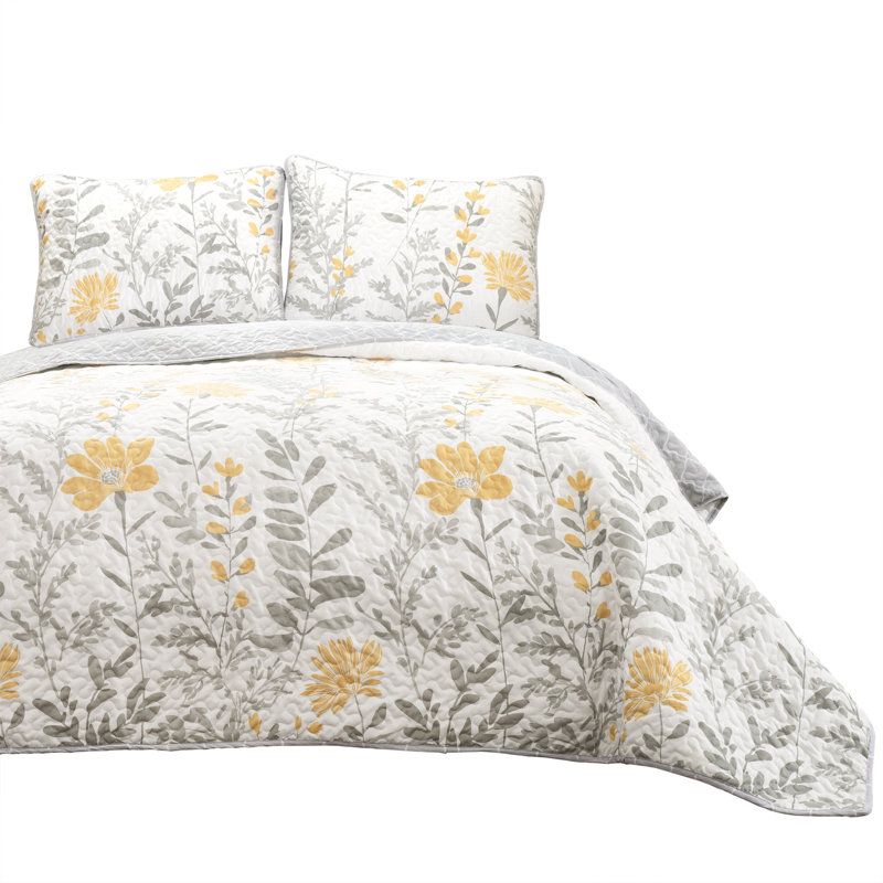 Lush Decor Aprile Floral Reversible Quilt Set, Yellow/Gray, California King Quilt + 2 king Shams