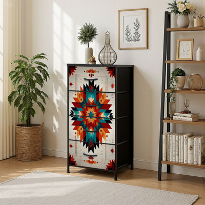 4 Drawer Vertical Storage Dresser American ethnic native Traditional Navajo Aztec Apache Southwest with Wood Top Fabric Pull Drawers