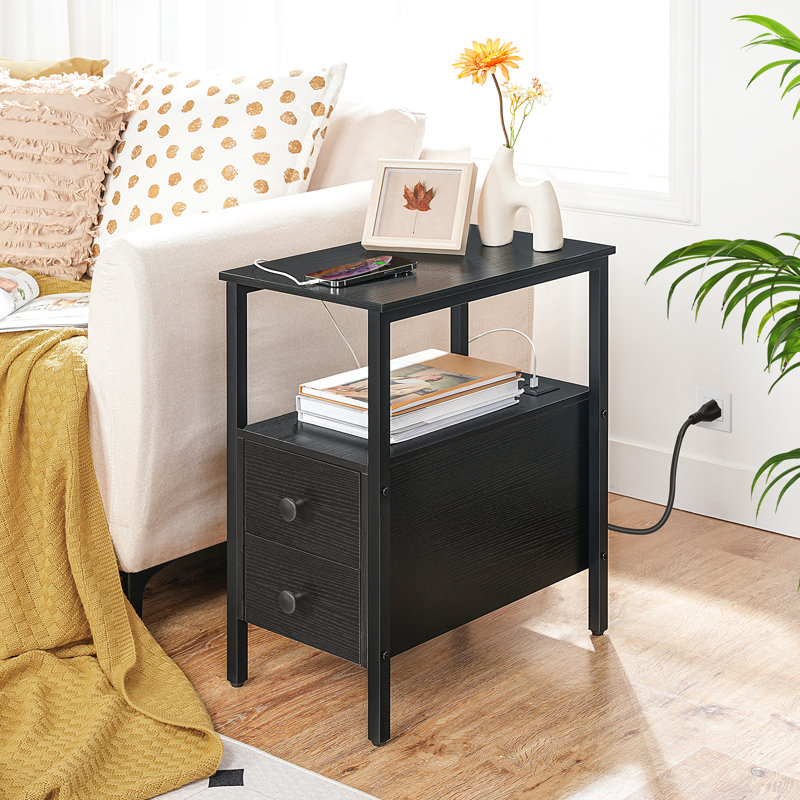 Table de bout à 2 tiroirs avec prises intégrées Artimon, Noir, 2
