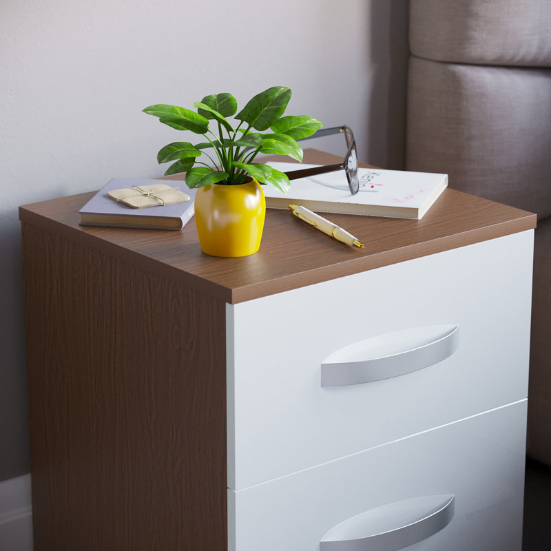 Arkadij 2 Drawer Beside Table With Metal Runners, Modern Bedroom Storage Cabinet, White/Walnut