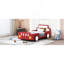 Lit plateforme simple en forme de voiture de course avec roues, rouge