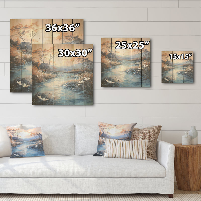Lacs, rivières, charme, art liquide, paysage - rivière en bois, art mural sur bois de pin naturel, H 15 po x l 15 po