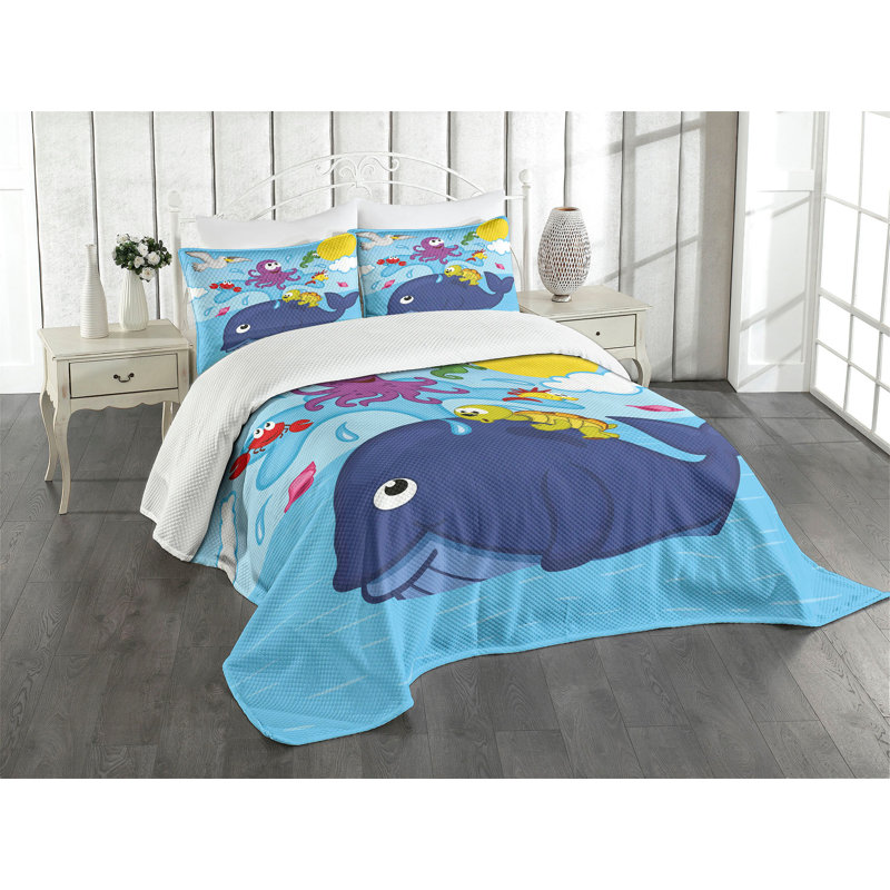 Ambesonne Playroom Bedspread Set 3 Pcs Marine Animals King Multicolor