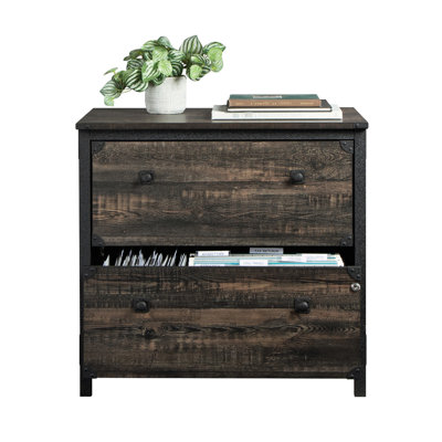 Classeur latéral rustique brun pour des espaces de travail bien rangés, deux tiroirs coulissants lisses, fond verrouillable, métal thermolaqué, 30,39 pouces de long avec glissières, rangement sécuritaire, structure en métal, facile