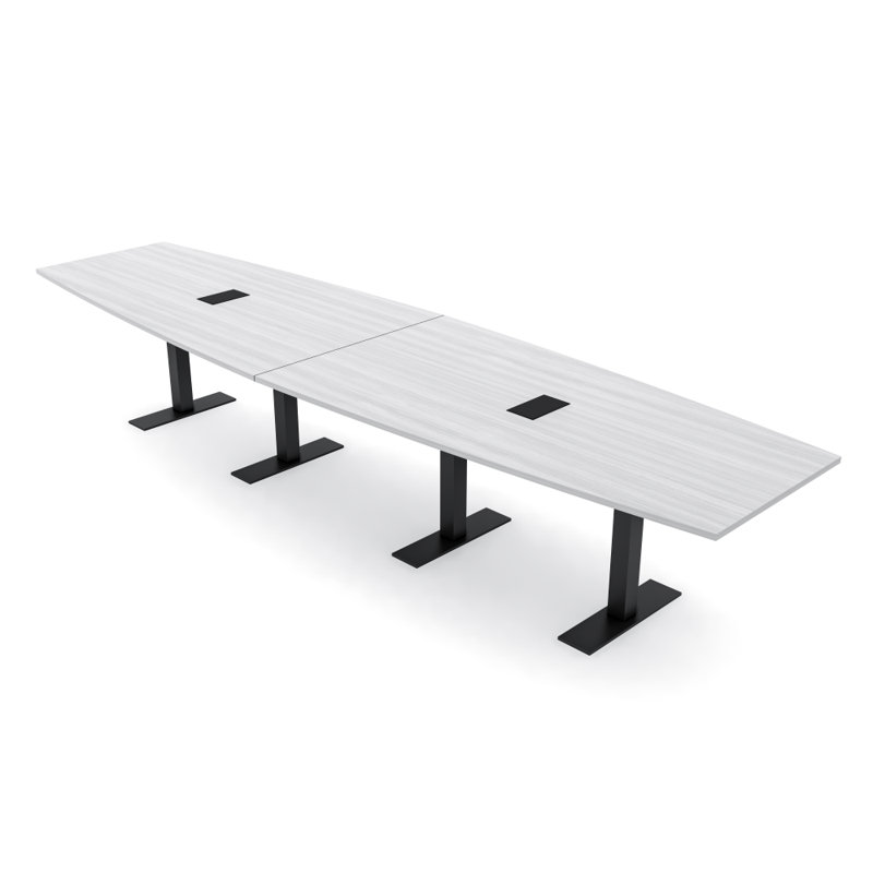 Table de conférence en forme de bateau avec base en T en métal | Unité électrique, L 168 po x l 48 po, Cyprès blanc, Noir mat