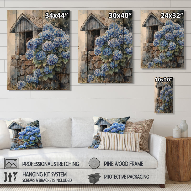 Hydrangées par la ferme, puits I - Art mural en bois d'hortensias - sur bois de pin naturel, H 20 po x l 10 po x P 0,78 po